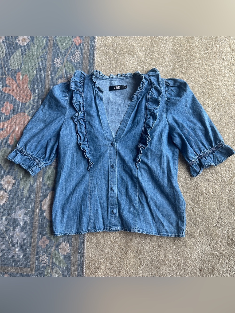 CBR Light Blue Denim Ruffle Button-Front Blouse